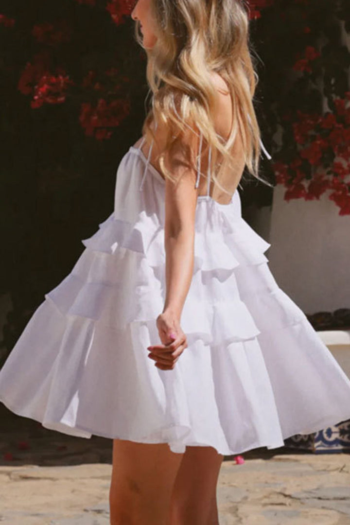 Cotton Tie-straps Tiered Cami Babydoll Dress White · L