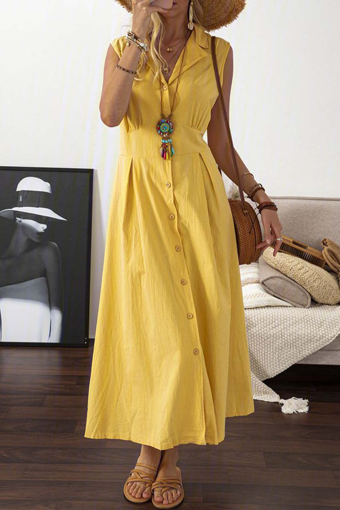 Lapel Button Down Sleeveless Midi Dress