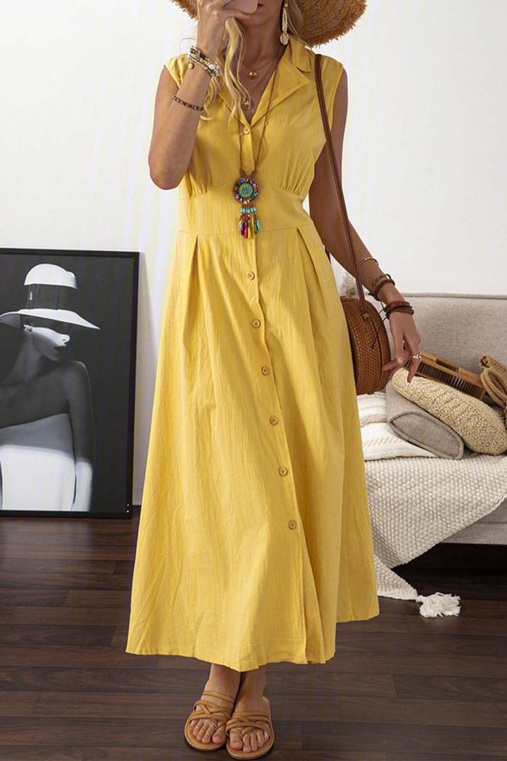 Lapel Button Down Sleeveless Midi Dress