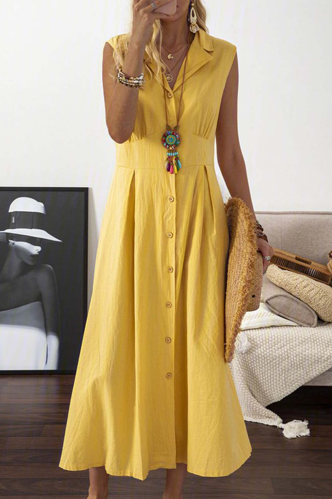 Lapel Button Down Sleeveless Midi Dress Yellow · S