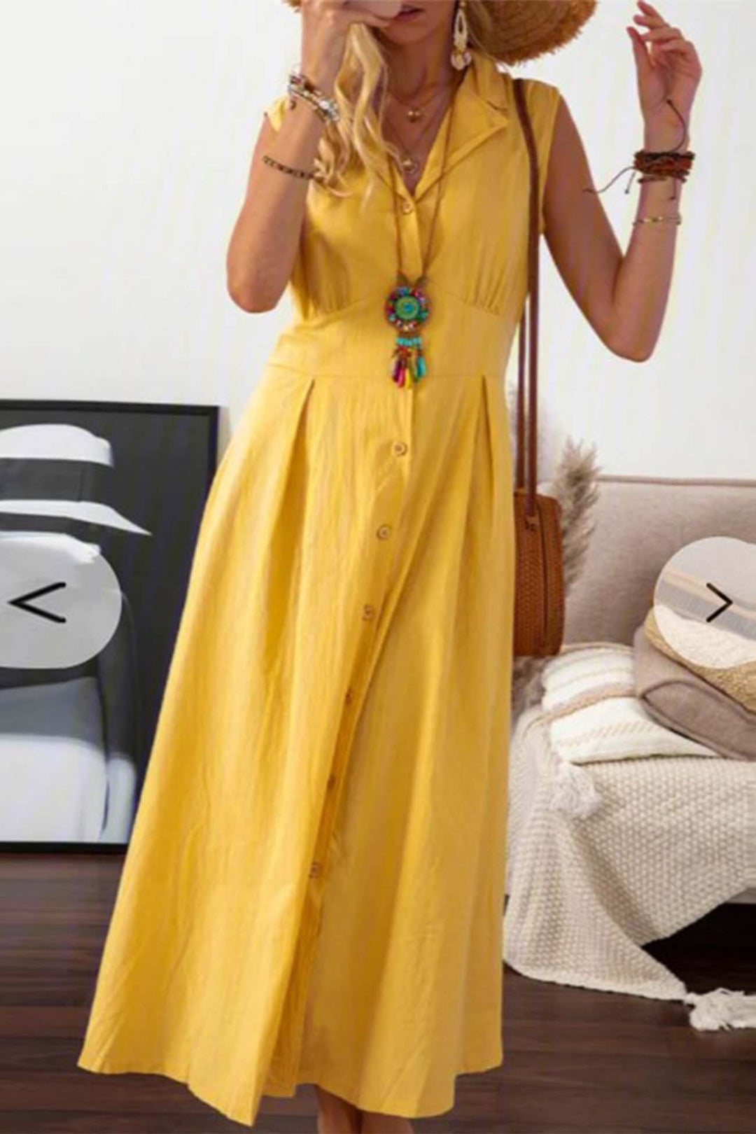 Lapel Button Down Sleeveless Midi Dress Yellow · M