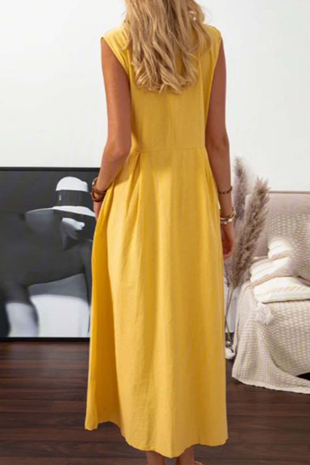 Lapel Button Down Sleeveless Midi Dress Yellow · L