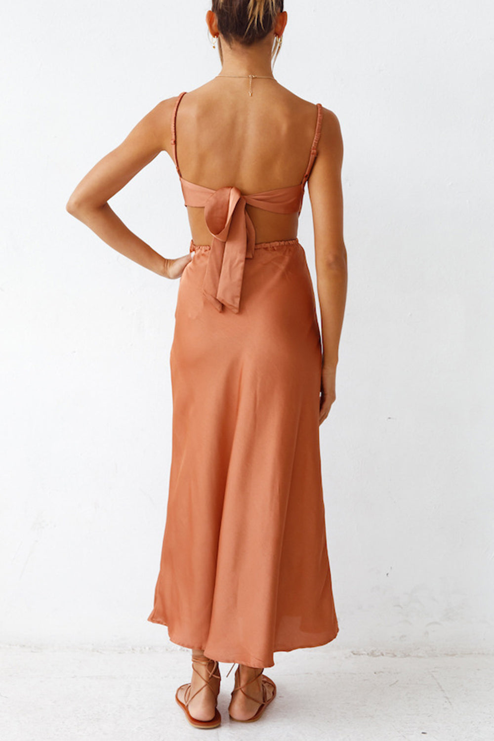 Cowl Neck Tie-back Slit Cami Dress Brown · M