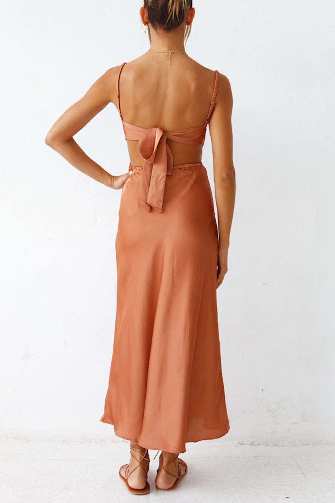 Cowl Neck Tie-back Slit Cami Dress Brown · M