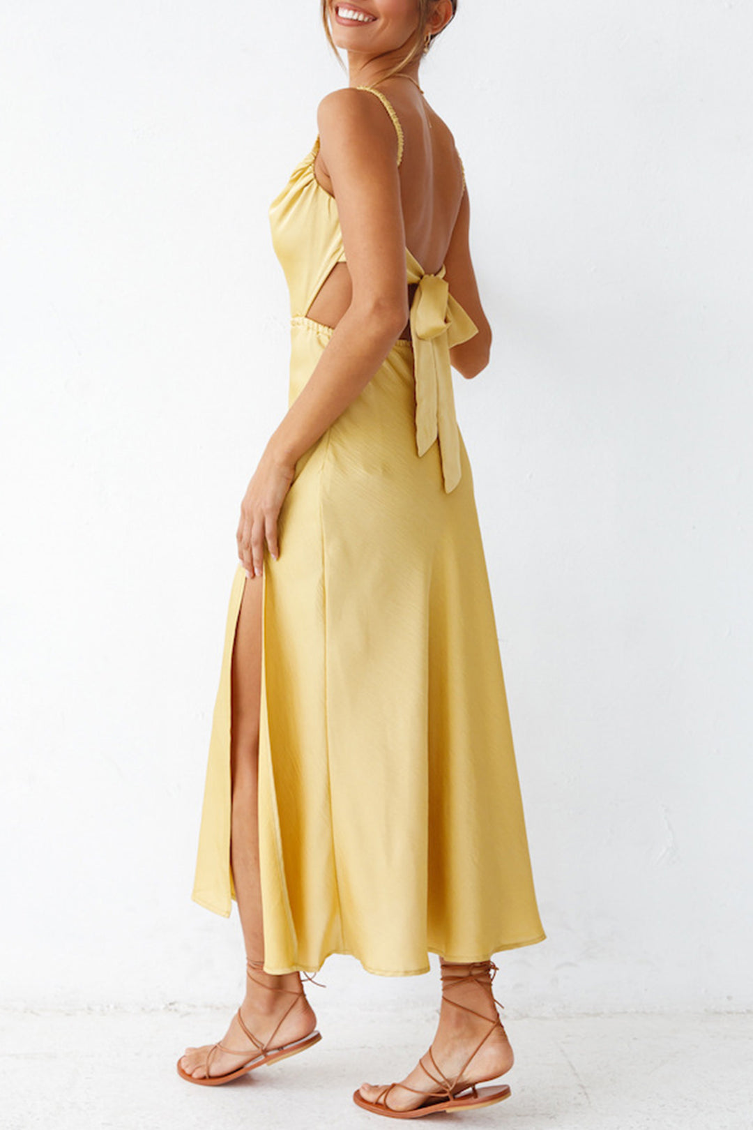 Cowl Neck Tie-back Slit Cami Dress Yellow · XL