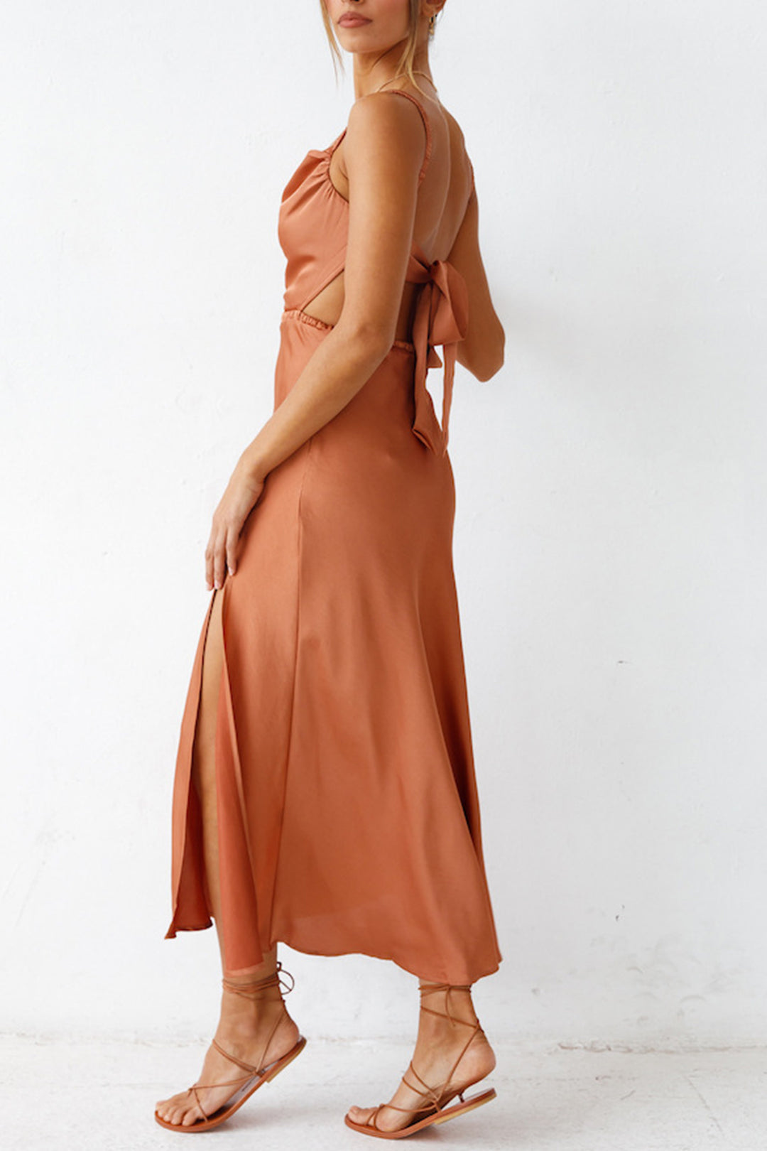 Cowl Neck Tie-back Slit Cami Dress Yellow · M