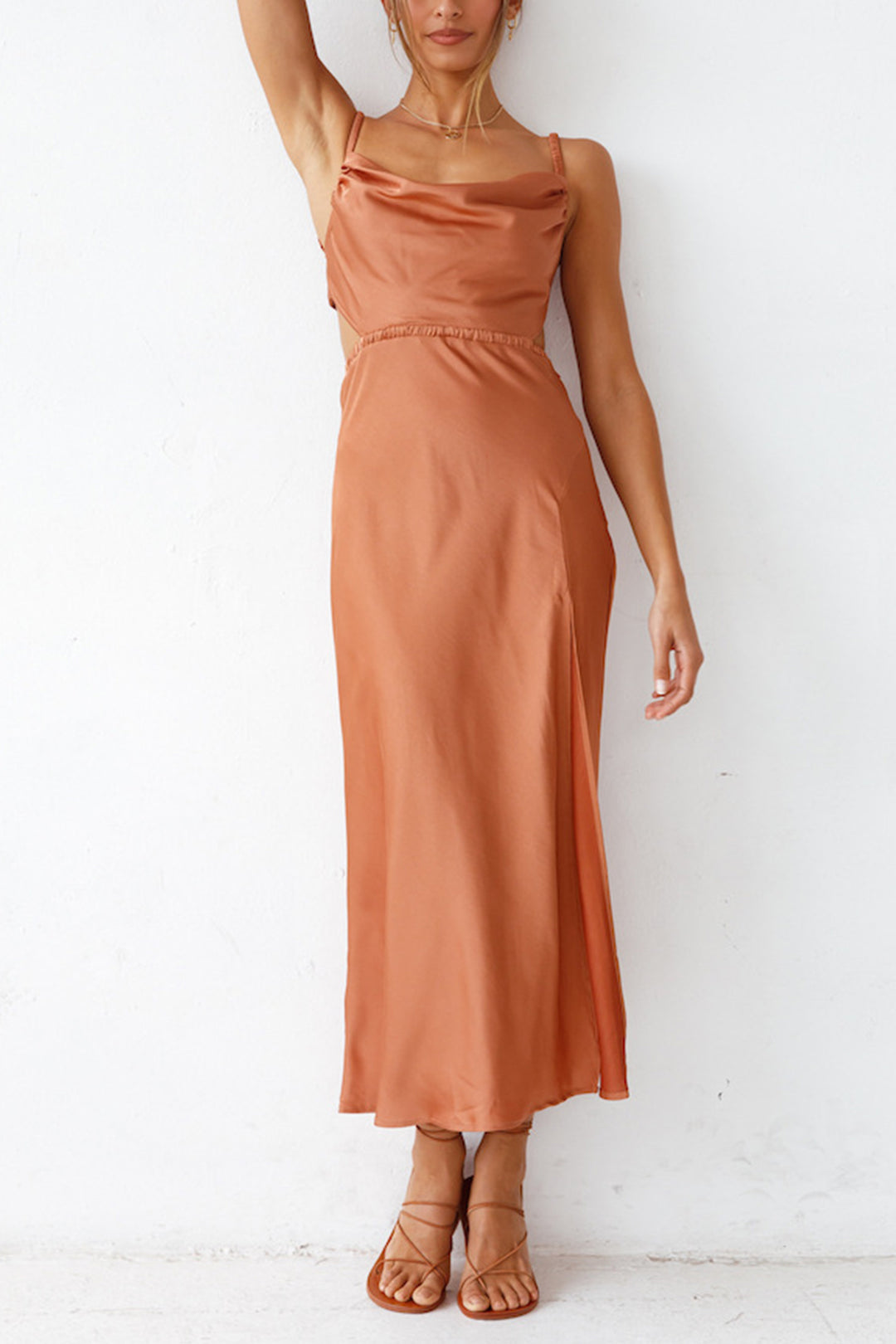 Cowl Neck Tie-back Slit Cami Dress Yellow · S