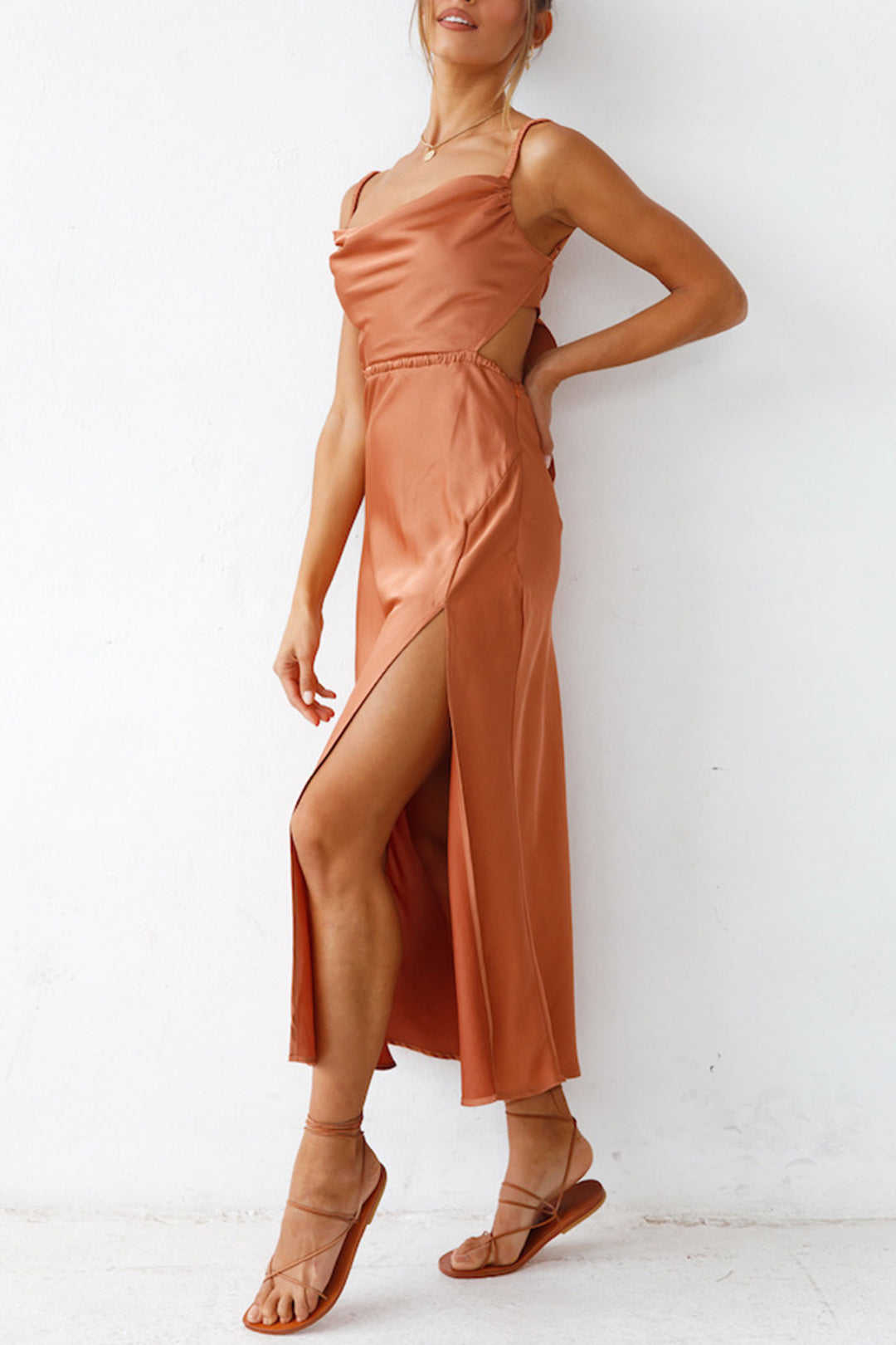 Cowl Neck Tie-back Slit Cami Dress Brown · S
