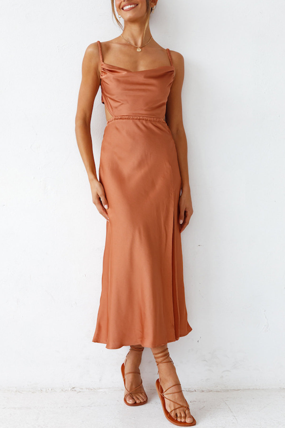 Cowl Neck Tie-back Slit Cami Dress Brown · XL