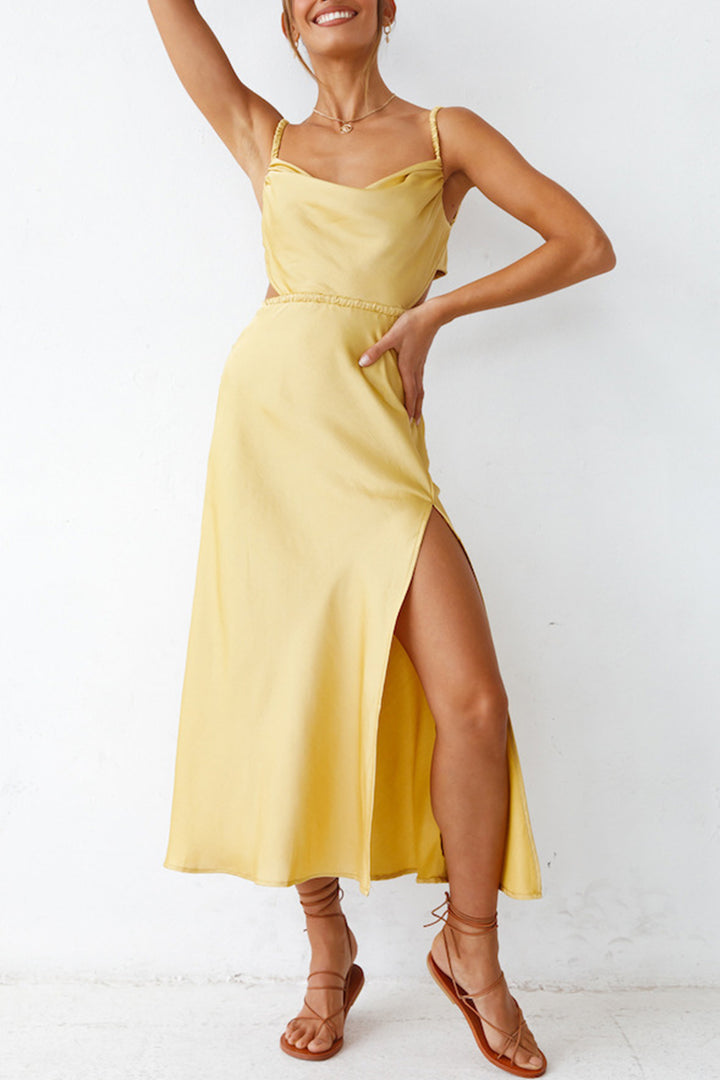Cowl Neck Tie-back Slit Cami Dress Yellow · L
