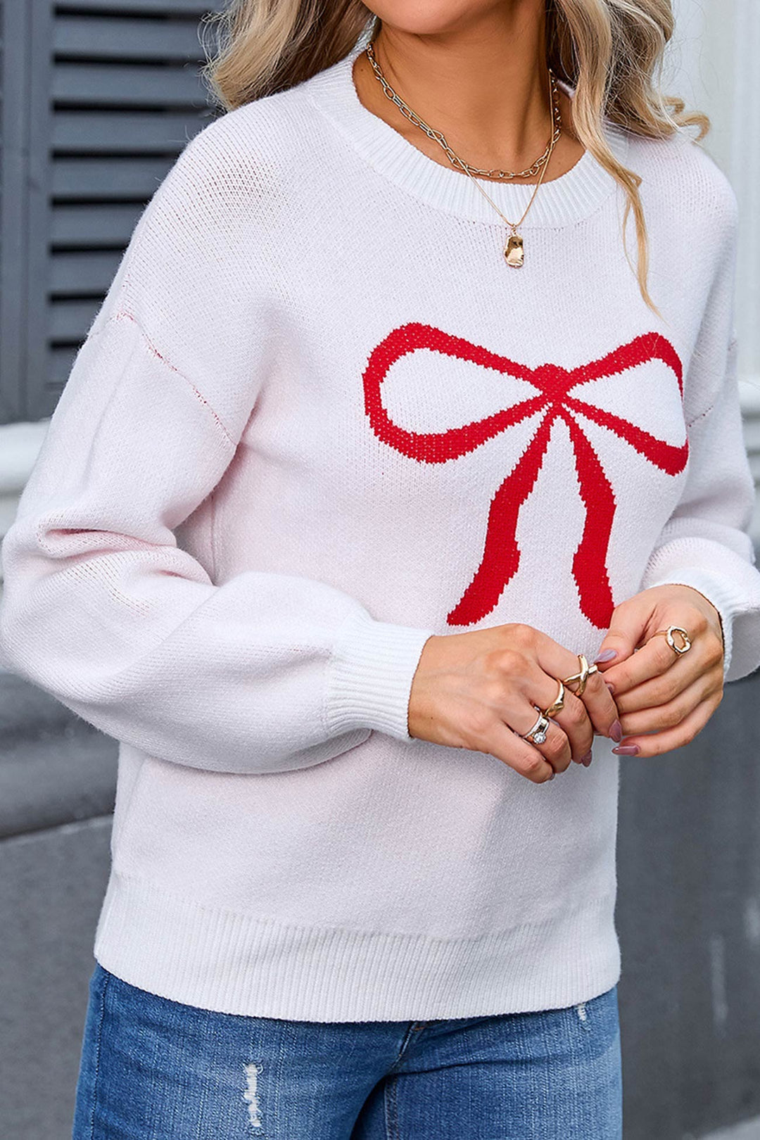 Crew Neck Bow Graphic Sweater White · S