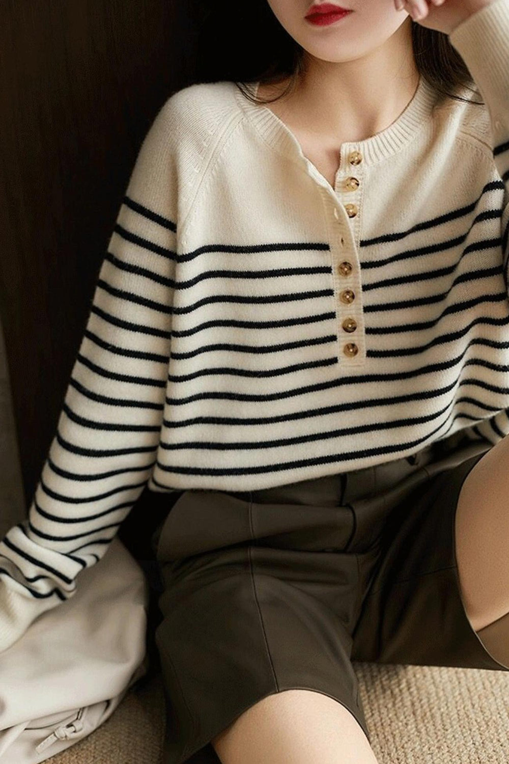 Crew Neck Button-Front Striped Sweater White · L