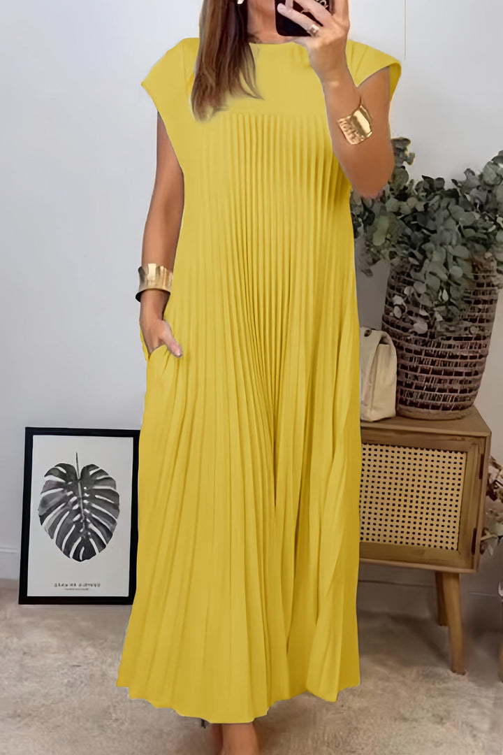 Crew Neck Cap Sleeve Pleated Dress Beige · 3XL