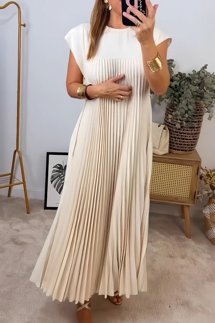 Crew Neck Cap Sleeve Pleated Dress Beige · M
