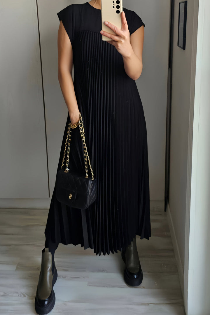 Crew Neck Cap Sleeve Pleated Dress Beige · XL
