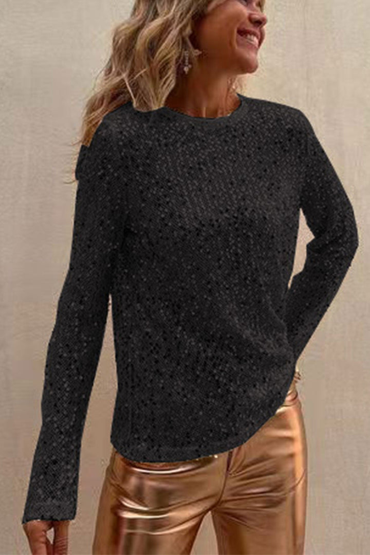 Sequin Crew Neck Long Sleeve Top Beige · XL