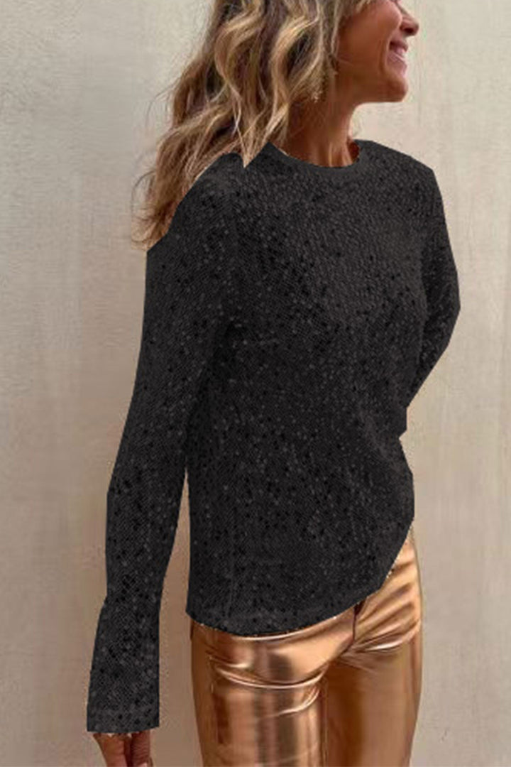 Sequin Crew Neck Long Sleeve Top Wine · S