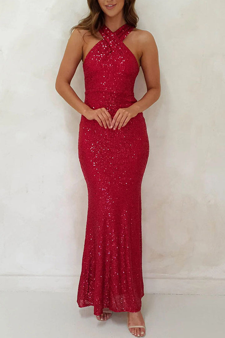 Criss-cross Halter Neck Sequin Fishtail Dress Red · S