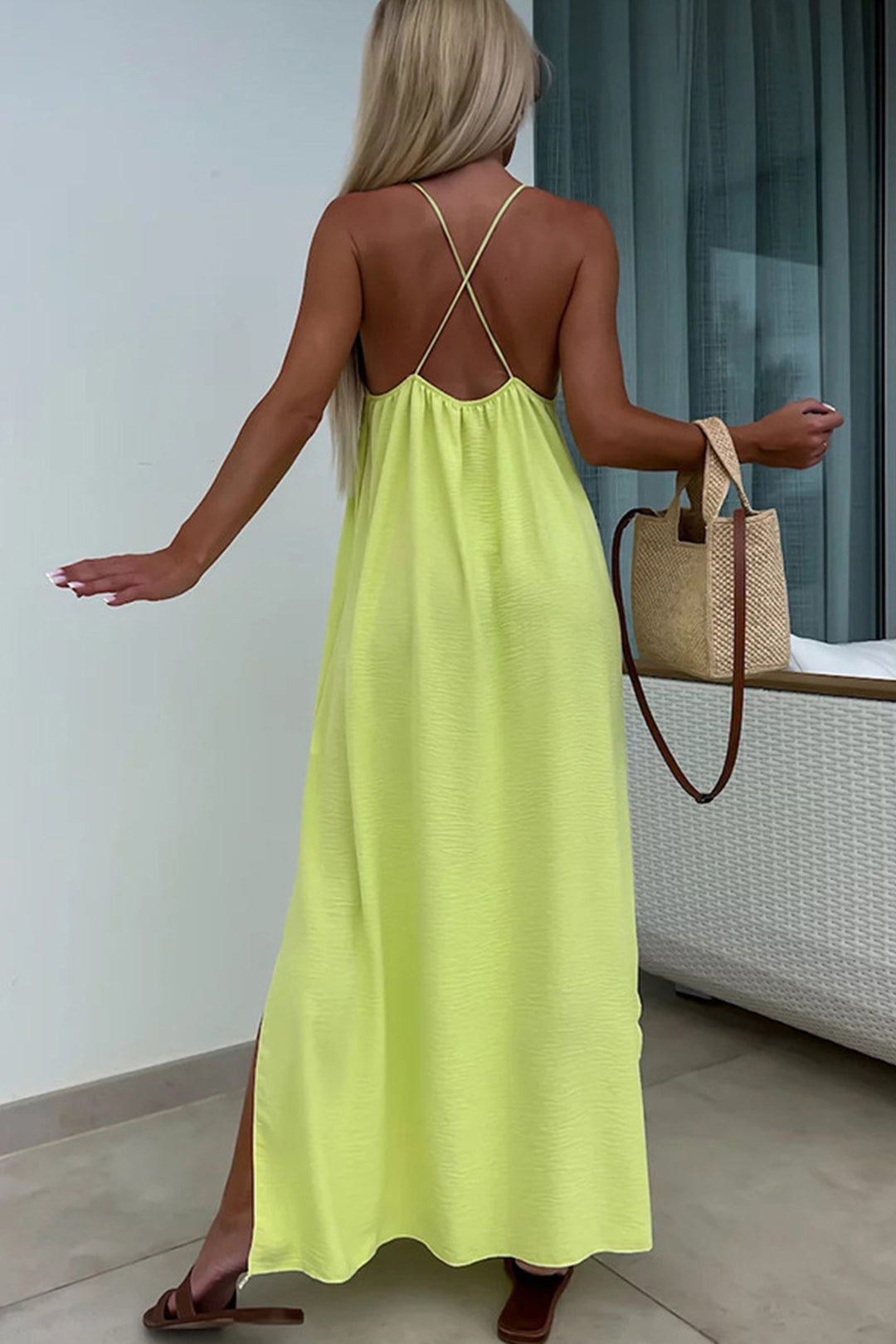 Crisscross Backless Slit Cami Dress Khaki · XL