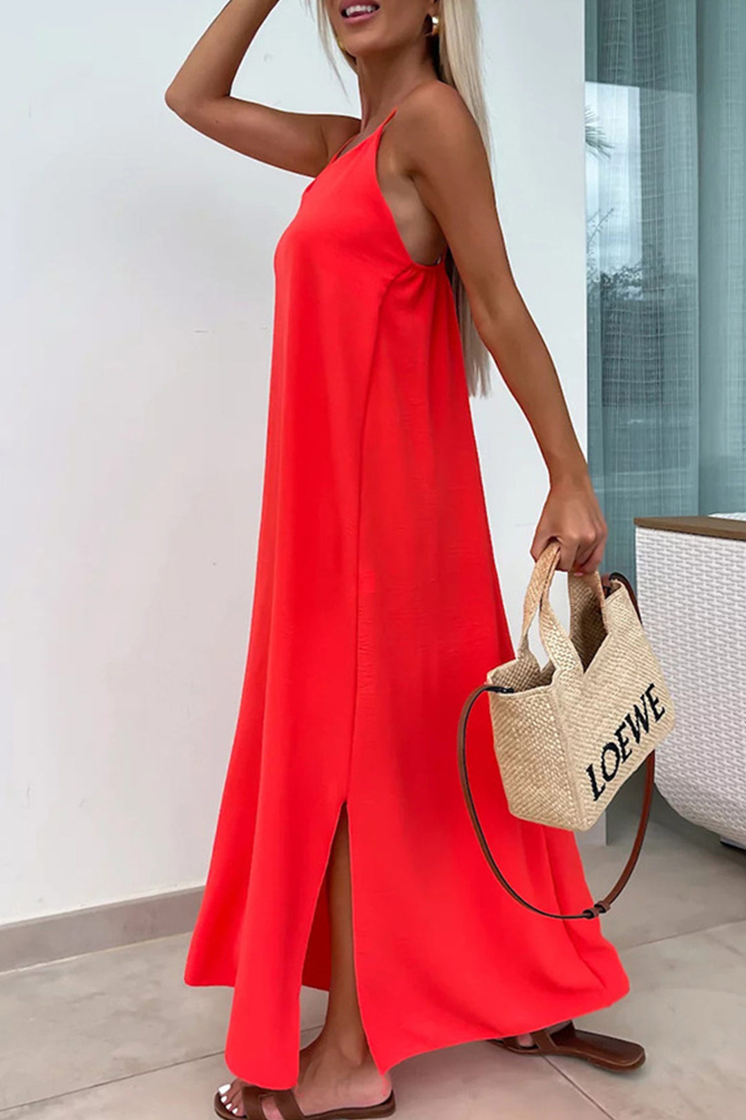 Crisscross Backless Slit Cami Dress Khaki · S