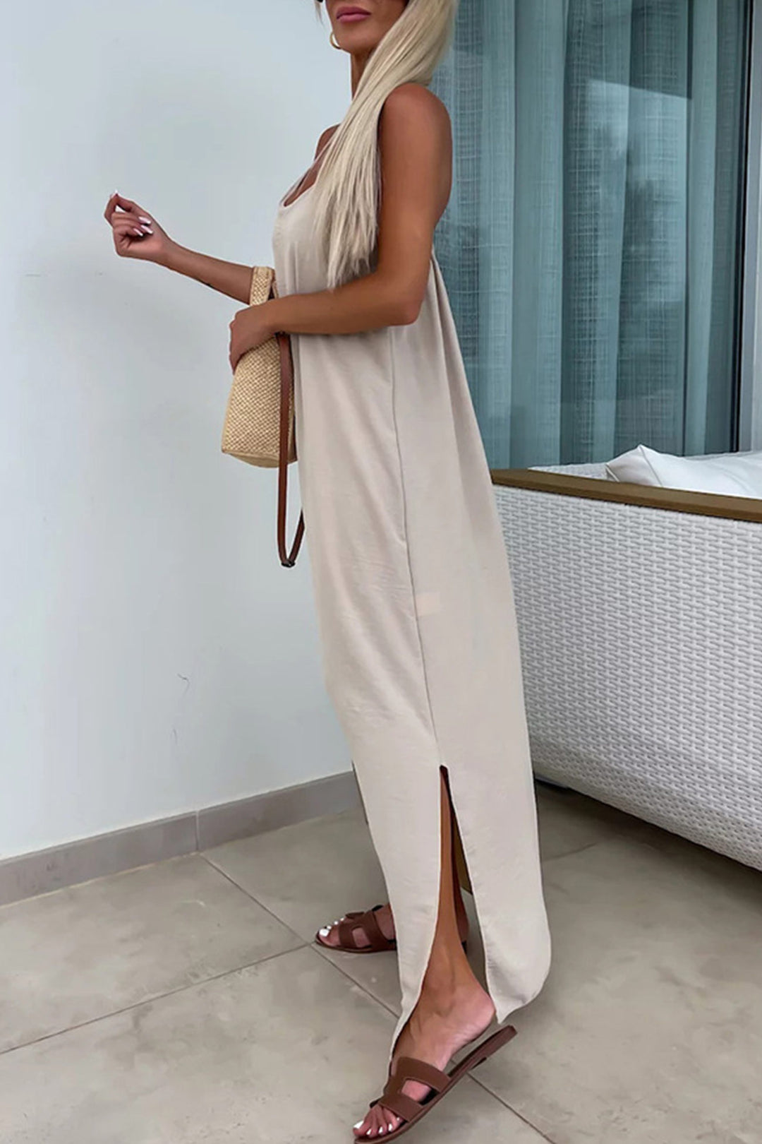 Crisscross Backless Slit Cami Dress Rose · M