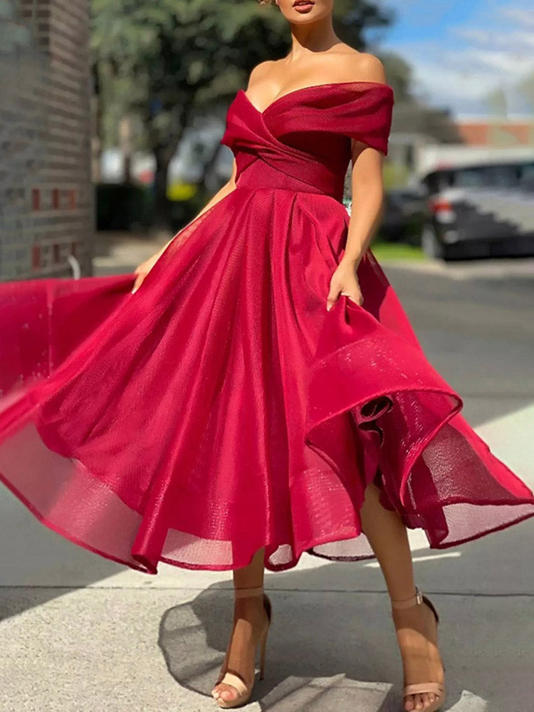 Off Shoulder Mesh A-Line Dress Red / S