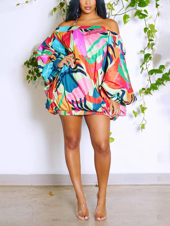 Off Shoulder Printed Dress Green Red / S