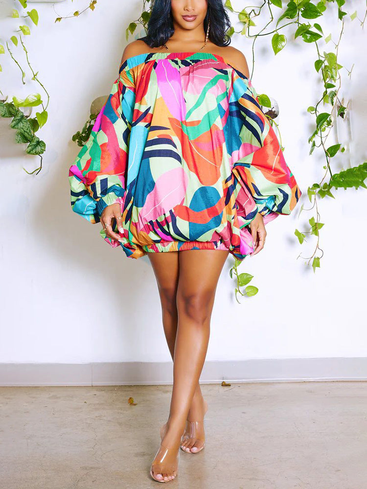 Off Shoulder Printed Dress Green Red / M