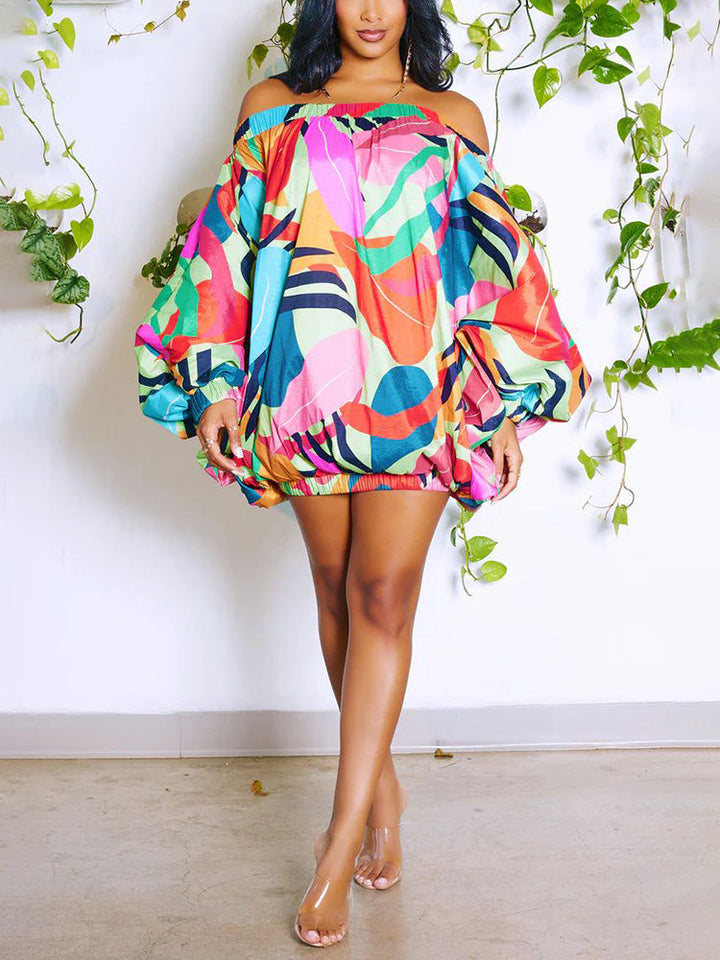 Off Shoulder Printed Dress Green Red / M