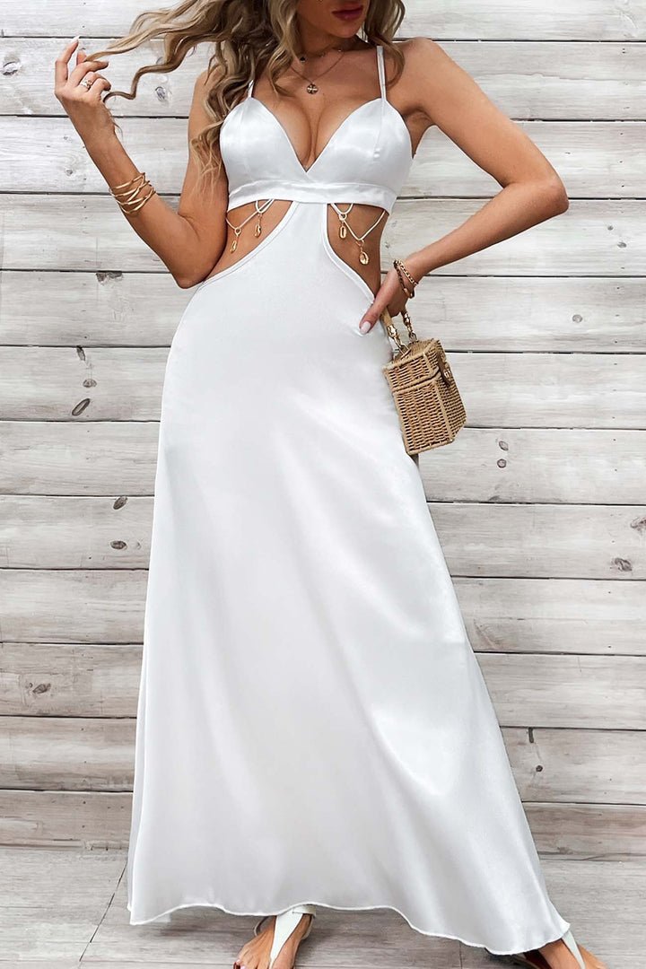 Cutout Backless V Neck A-Line Maxi Dress White · M