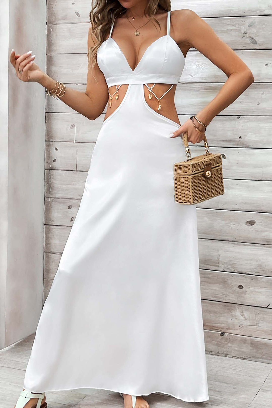 Cutout Backless V Neck A-Line Maxi Dress White · L