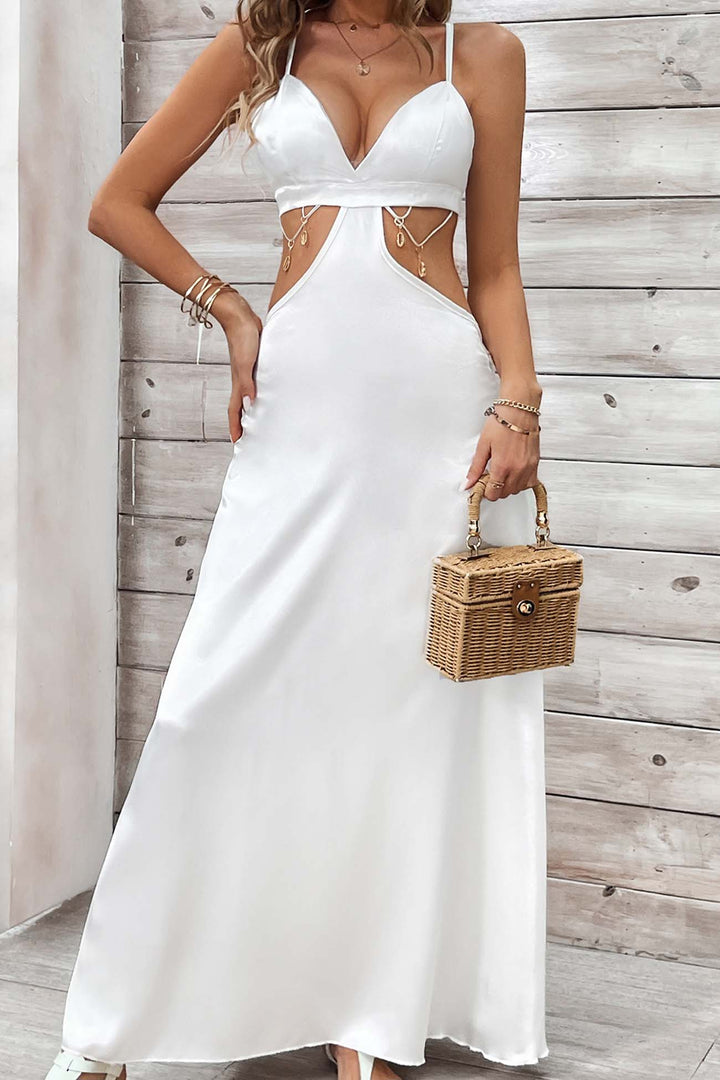 Cutout Backless V Neck A-Line Maxi Dress White · XL