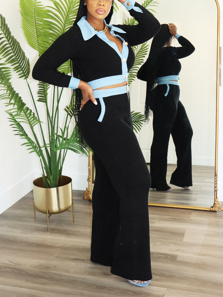 Denim-Trimmed Knit Set *Black / 2XL