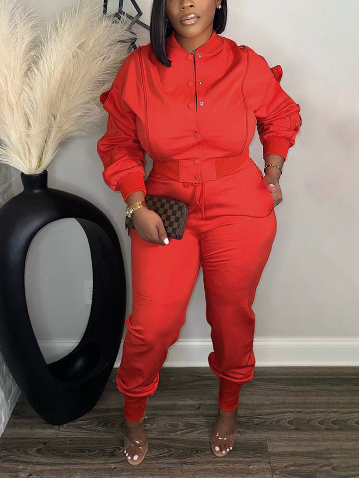 Zipper Crop Jacket Jogger Set Red* / M