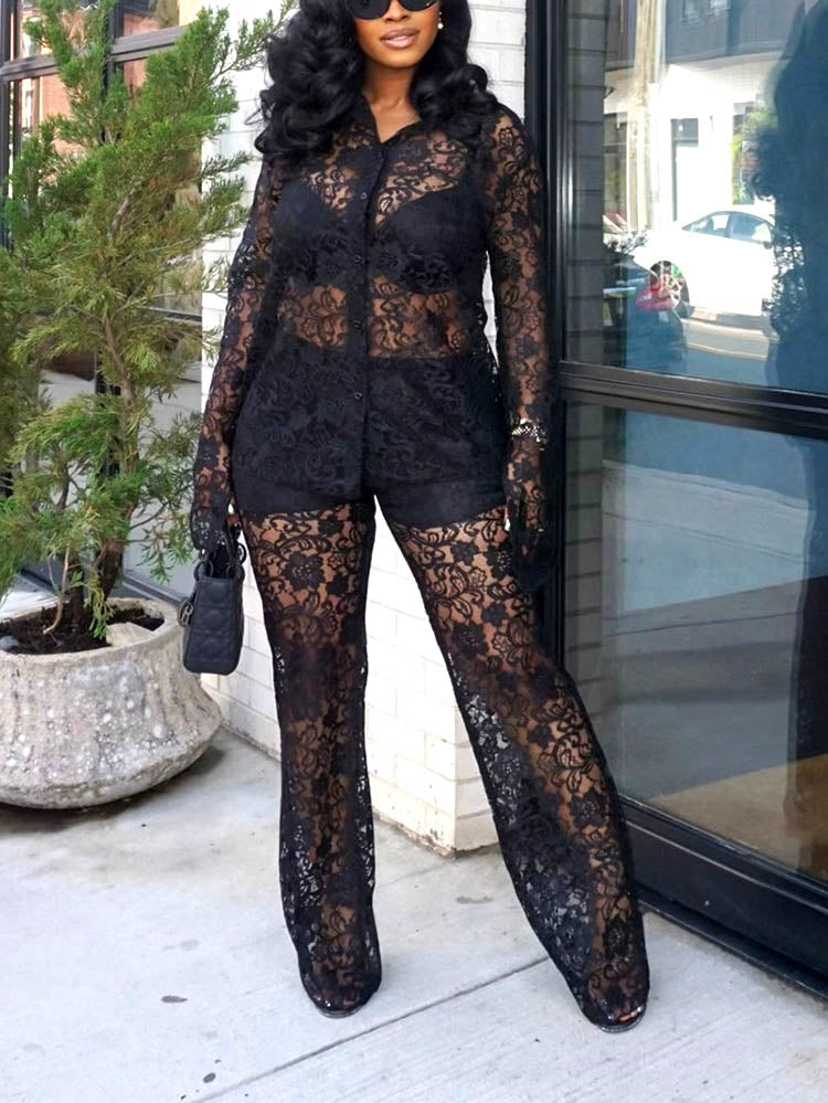 Lace Pants Set Black / S