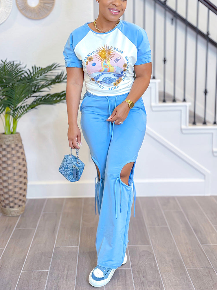 Printed Tee & Cutout Pants Set *Blue / S