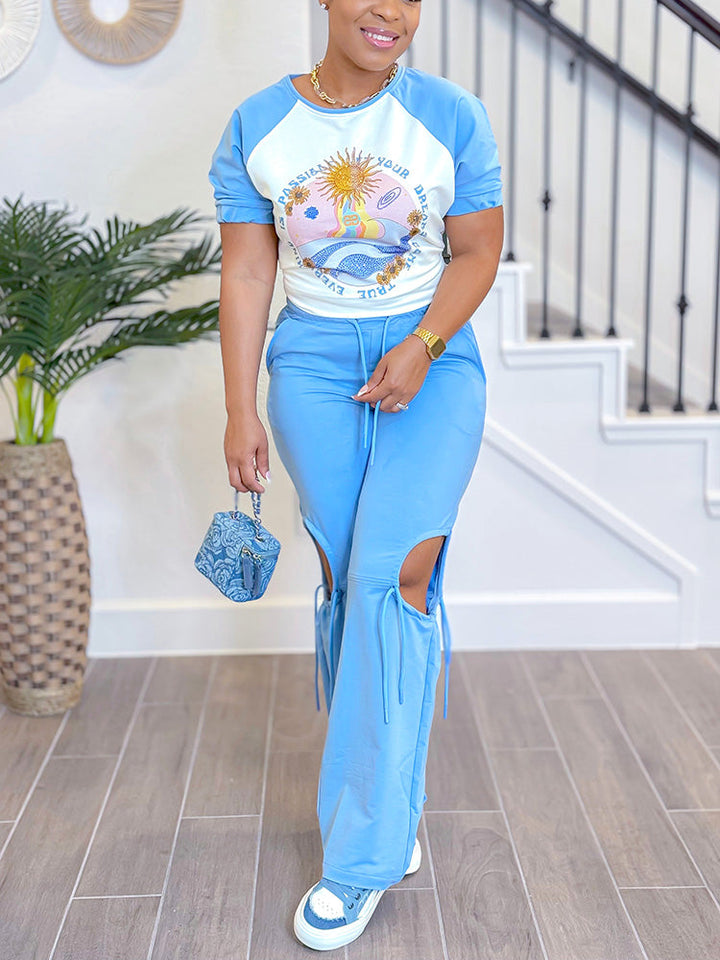 Printed Tee & Cutout Pants Set *Blue / S