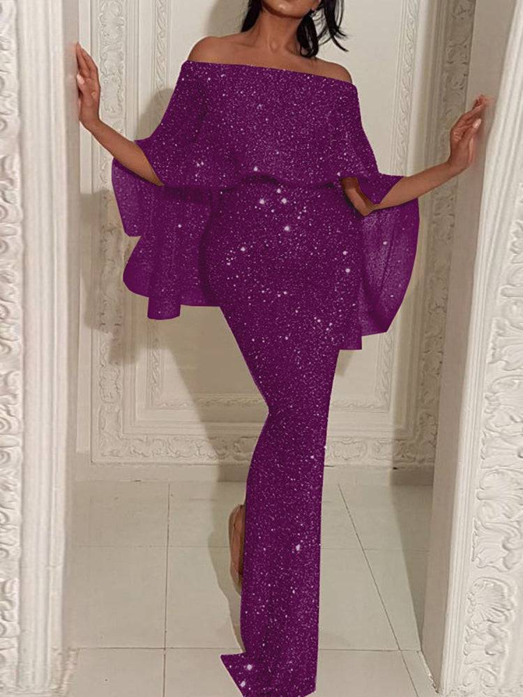 Off Shoulder Sequin Maxi Dress Silver / XL
