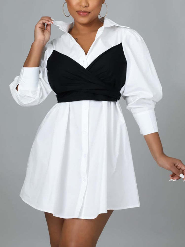Patchwork Lace Up Shirt Dress Black / S