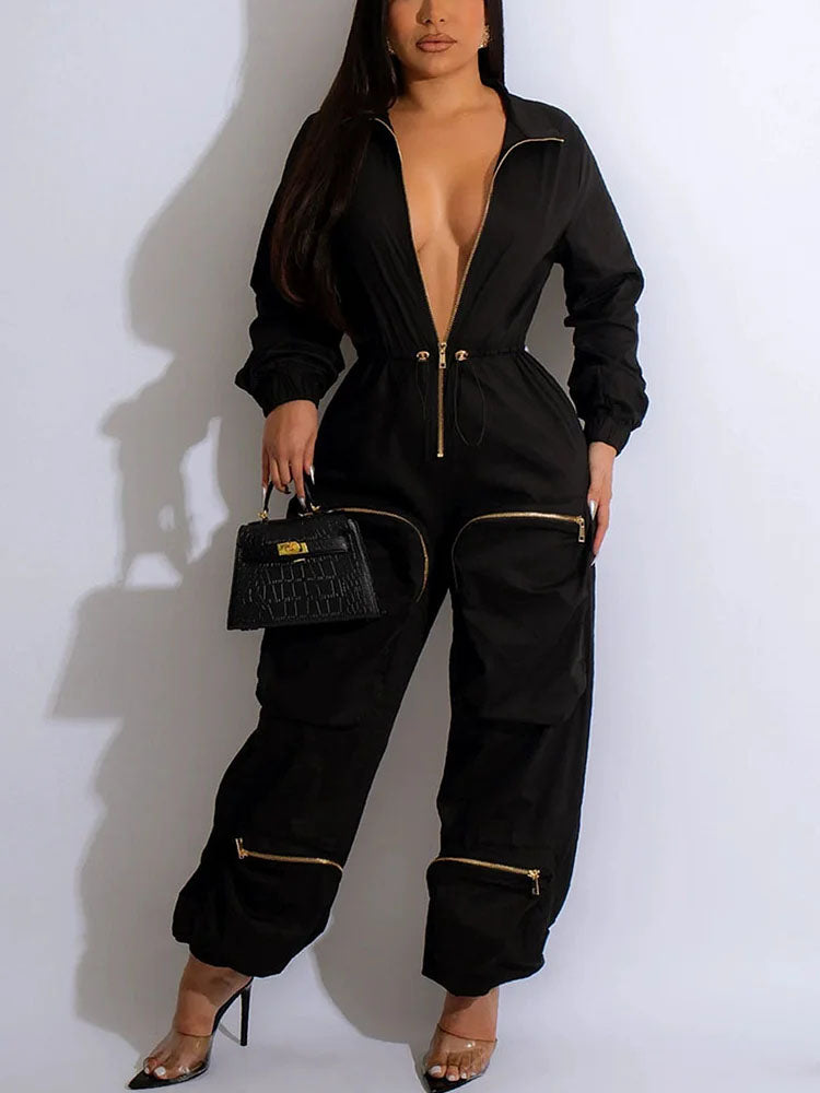 Deep V Zipper Drawstring Pocket Jumpsuit Black / M