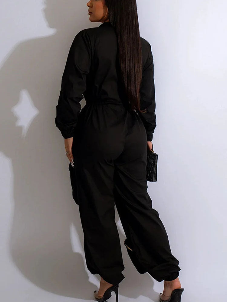 Deep V Zipper Drawstring Pocket Jumpsuit Black / L