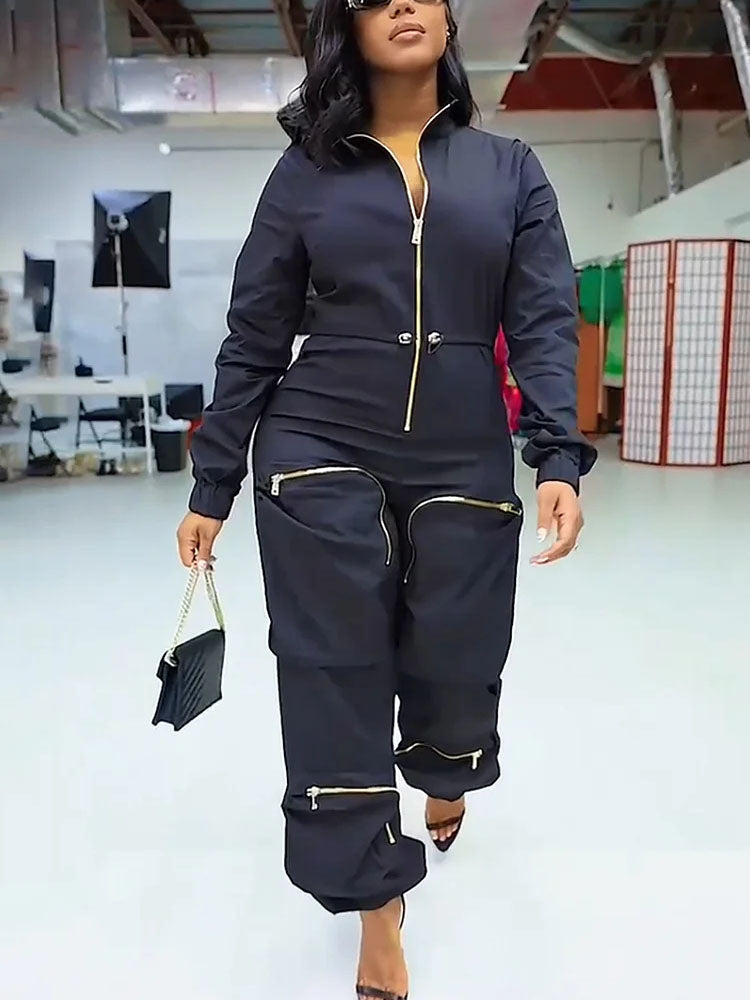 Deep V Zipper Drawstring Pocket Jumpsuit Apricot / 2XL