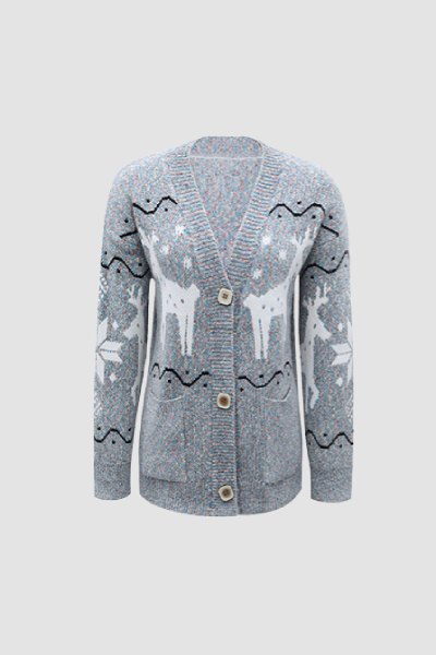 Deer Pattern Knit Cardigan Dark Grey · M