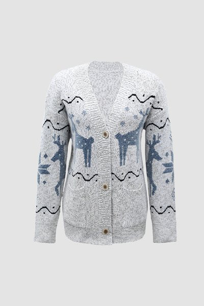 Deer Pattern Knit Cardigan Light Grey · L