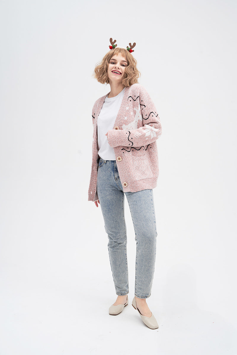 Deer Pattern Knit Cardigan Pink · S