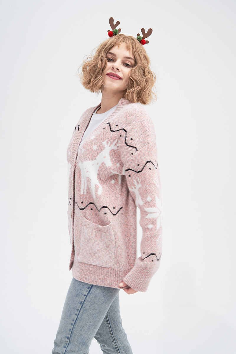 Deer Pattern Knit Cardigan Pink · M