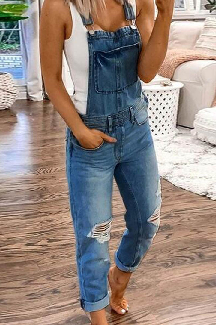 Distressed Front With Pocket Denim Overalls Light Blue · XL