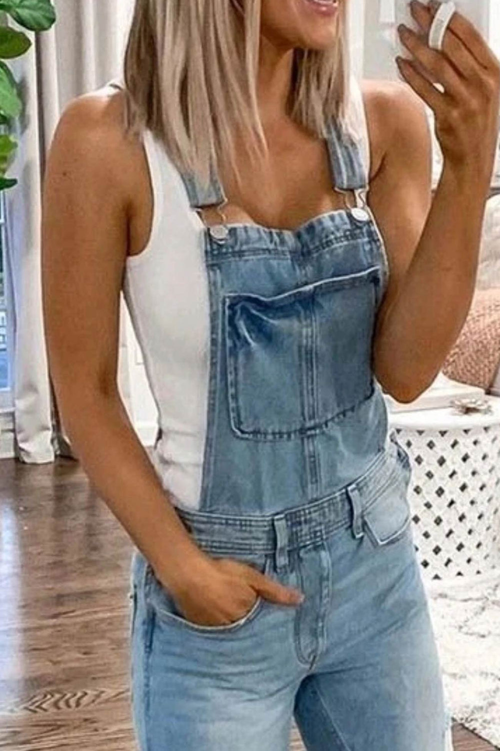 Distressed Front With Pocket Denim Overalls Light Blue · S