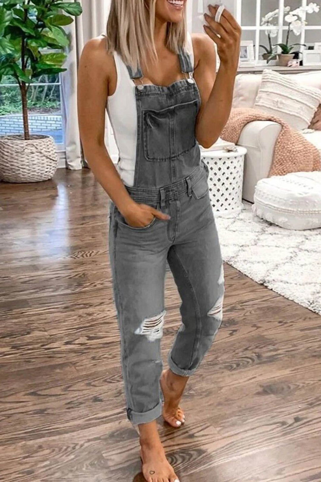 Distressed Front With Pocket Denim Overalls Light Blue · M