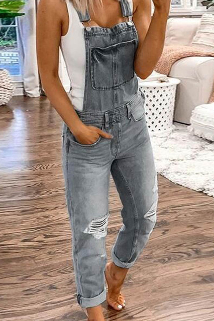 Distressed Front With Pocket Denim Overalls Light Blue · L